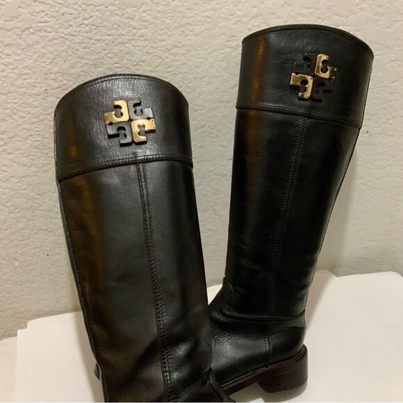 Tory Burch Lowell 2 Logo Brown  Leather Knee High Riding Boot 7 M Excellent - Picture 13 of 15